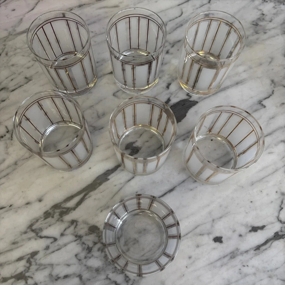 Vintage Culver Servemates Whiskey Lowball Glass Set of 7 Gold Frosted Glass MCM